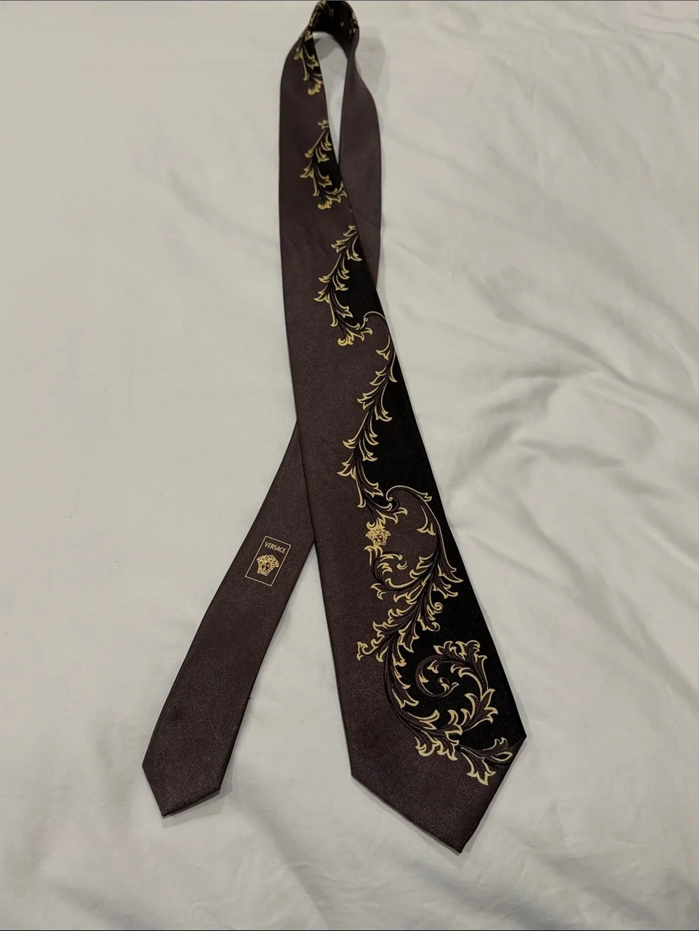 Versace Brown Silk Tie with Gold Baroque Scroll Motif